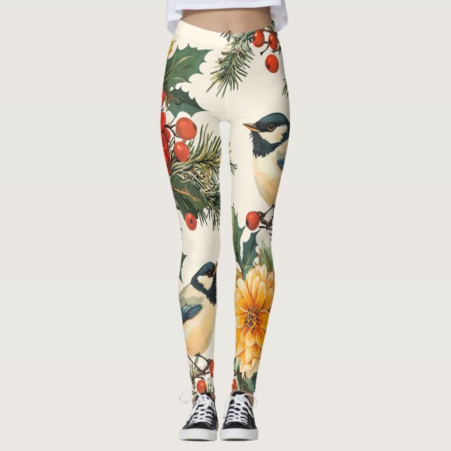Rustic Bird and Poinsettia Christmas Pattern (9) Leggings (Front)
