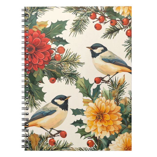 Rustic Bird and Poinsettia Christmas Pattern (9) Notebook (Front)