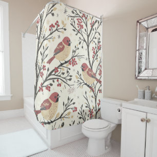 Rustic Bird and Poinsettia Christmas Pattern Shower Curtain