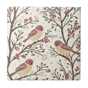 Rustic Bird and Poinsettia Christmas Pattern Tile