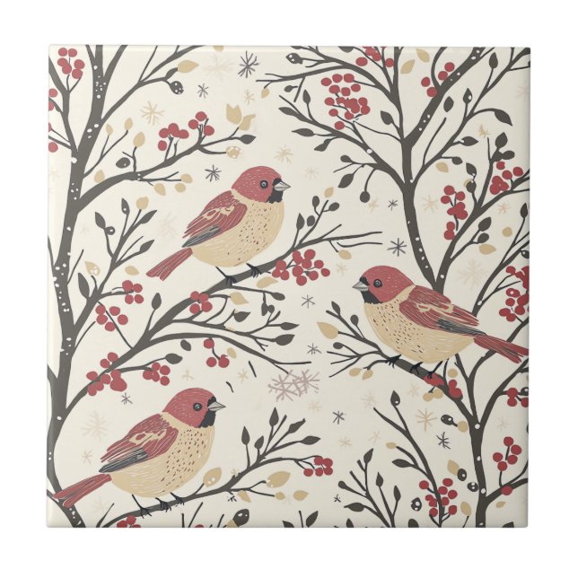 Rustic Bird and Poinsettia Christmas Pattern Tile (Front)