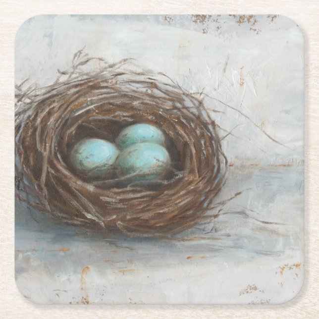 Rustic Bird Nest - Blue Square Paper Coaster (Front)