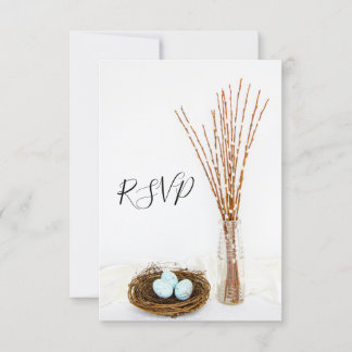 Rustic Bird Nest, Eggs, Pussy Willow Wedding RSVP Card