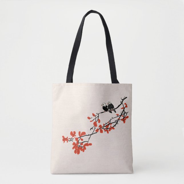 Rustic Birds on Tree Branch With Red Leaves Tote B Bag (Front)