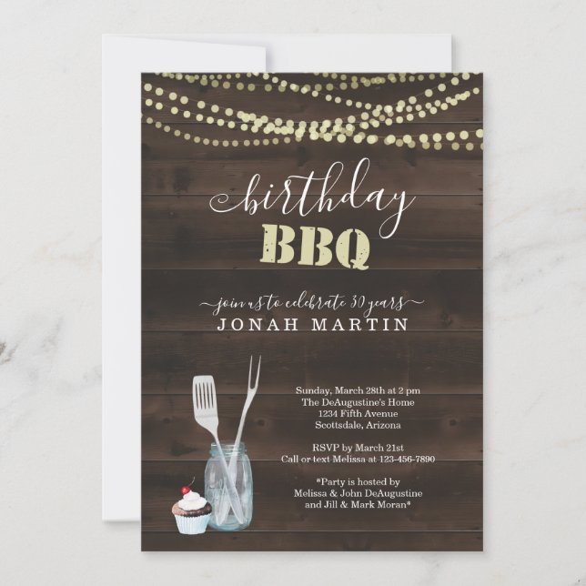 Rustic Birthday Party BBQ - Lights Wood Mason Jar Invitation (Front)