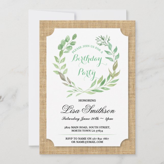 Rustic Birthday Party Burlap Leaves Wreath Invite (Front)