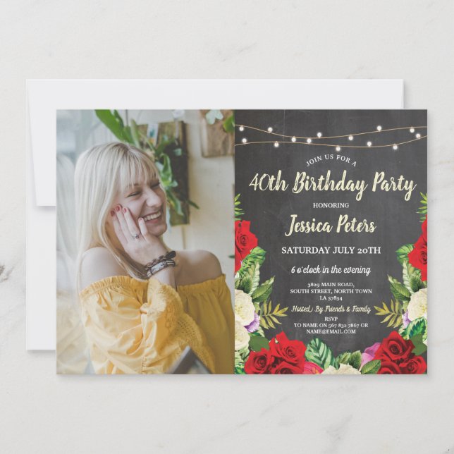Rustic Birthday Party Chalk Red Roses Flower Photo Invitation (Front)