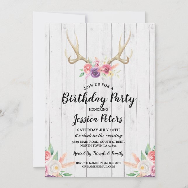 Rustic Birthday Party Floral Antler Stag Invite (Front)