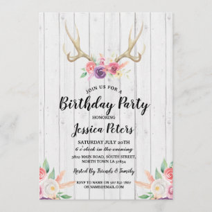 Rustic Birthday Party Floral Antler Stag Invite