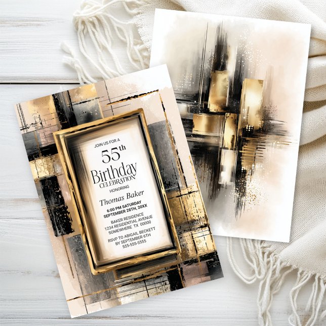 Rustic Black and Gold 55th Birthday Party Invitation (Creator Uploaded)