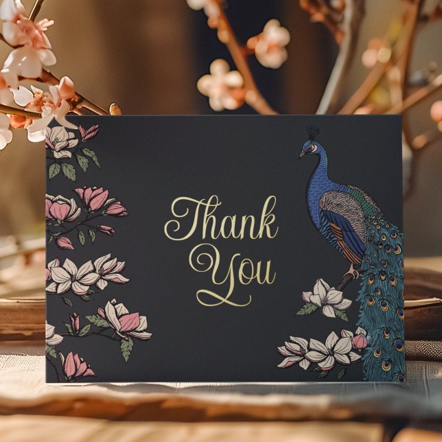 Rustic Black and Gold Peacock Thank You Card (Elegant Hand Drawn Floral Blue Peacock Gold Foil Thank You Card. Pretty Detailed Peacock Feathers.)