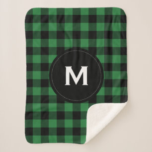 Rustic Black and Green Plaid Pattern Monogram Sherpa Blanket