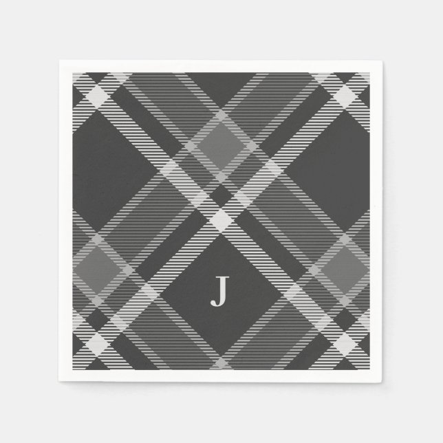 Rustic Black and Grey Tartan Plaid with Monogram Napkin (Front)