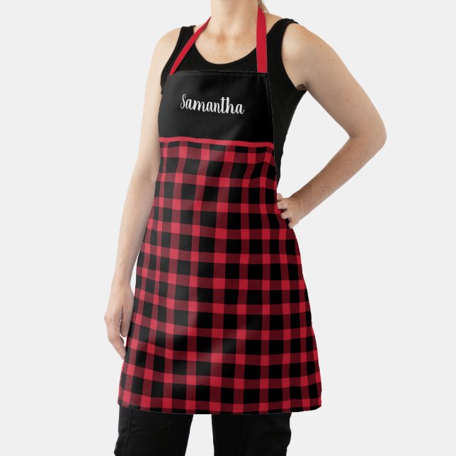 Rustic Black And Red Buffalo Plaid Personalised  Apron (Insitu)