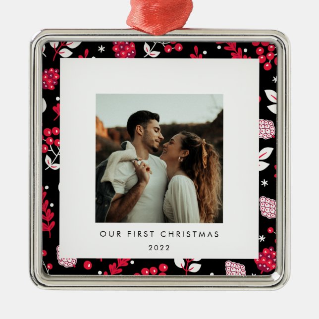 Rustic black and red Christmas pattern photo Metal Tree Decoration (Front)