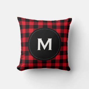 Rustic Black and Red Plaid Pattern Monogram Cushion