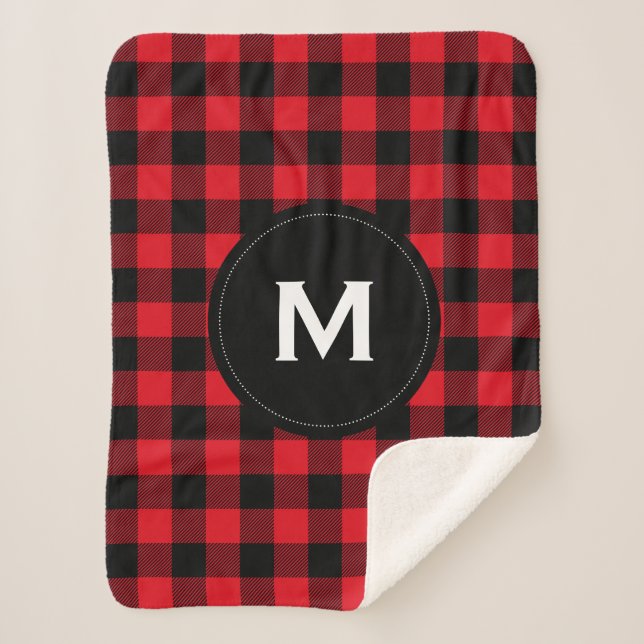Rustic Black and Red Plaid Pattern Monogram Sherpa Blanket (Front)