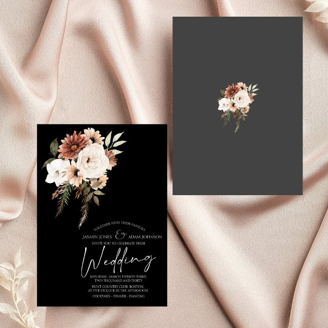 Rustic Black and Terracotta Floral Wedding Invitation (Rustic Black and Peach Floral Wedding Invitation)