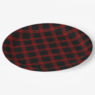 Rustic black and vivid red plaid with thick lines paper plate
