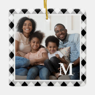 Rustic Black and White Argyle Monogram Photo Ceramic Ornament