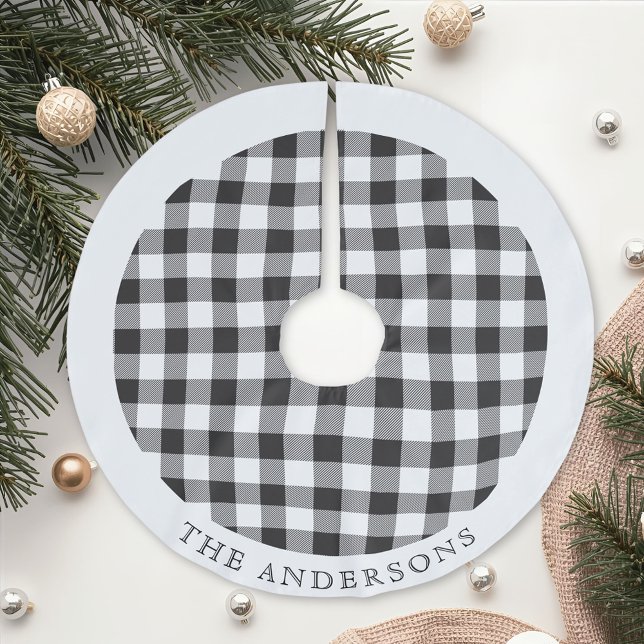 Rustic Black and White Buffalo Check Family Name Brushed Polyester Tree Skirt (Creator Uploaded)