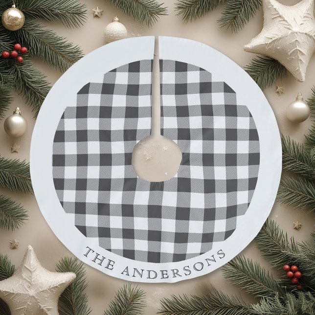Rustic Black and White Buffalo Check Family Name Brushed Polyester Tree Skirt (Creator Uploaded)