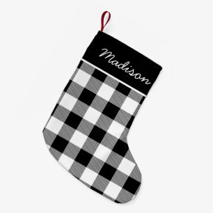 Rustic Black and White Buffalo Check Monogram Small Christmas Stocking