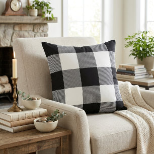 Rustic Black and White Buffalo Plaid Farmhouse Cushion