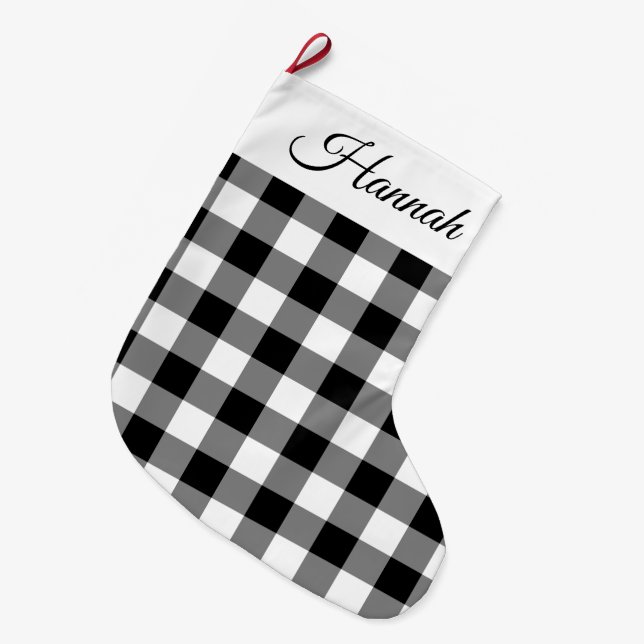 Rustic Black And White Buffalo Plaid  Large Christmas Stocking (Front (Hanging))