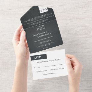 Rustic Black And White Monogram Modern Wedding All In One Invitation