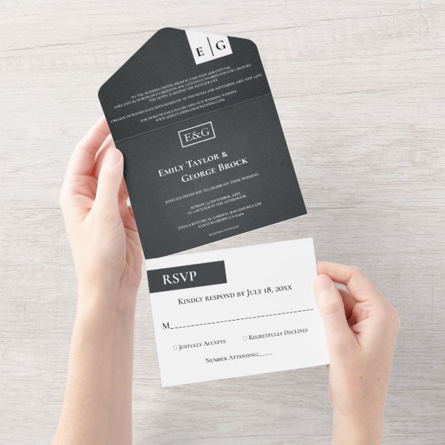 Rustic Black And White Monogram Modern Wedding All In One Invitation (Tearaway)