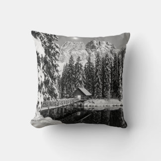 Rustic Black and White Mountain Cabin Photo Decor Cushion