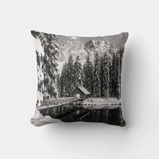 Rustic Black and White Mountain Cabin Photo Decor Cushion (Front)