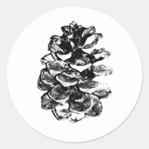 Rustic Black and White Pinecone Classic Round Sticker