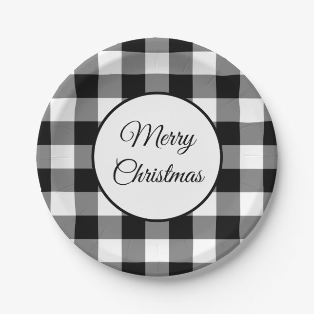 Rustic Black And White Plaid Christmas Paper Plate (Front)