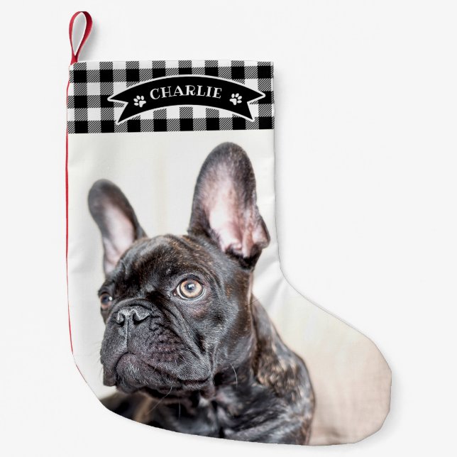 Rustic Black And White Plaid Custom Photo Pet Dog Small Christmas Stocking (Front)