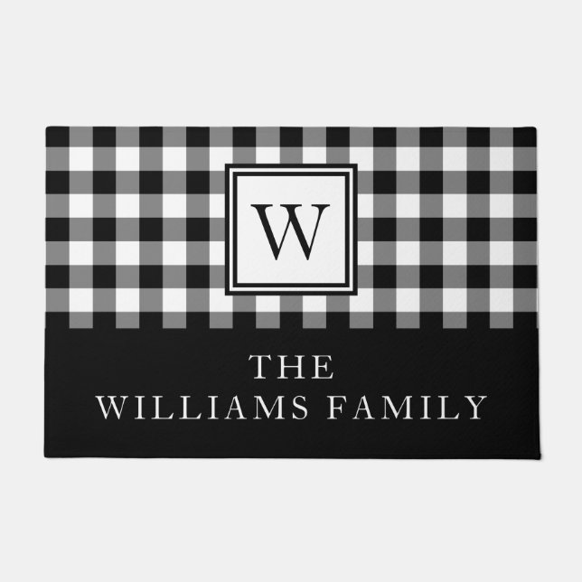 Rustic Black And White Plaid Family Name Doormat (Front)