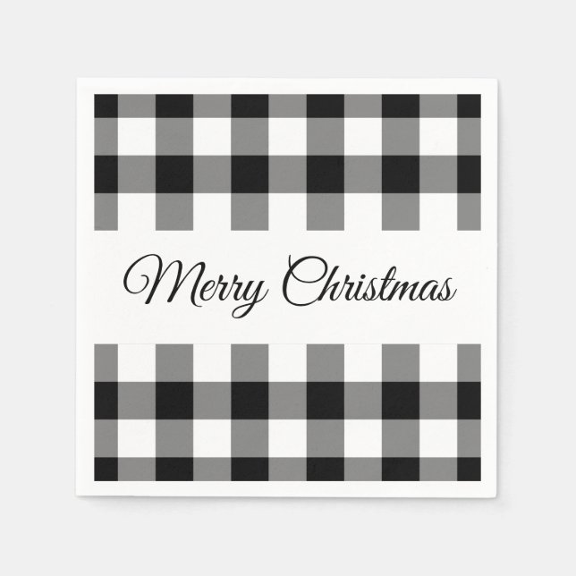 Rustic Black And White Plaid Merry Christmas Napkin (Front)