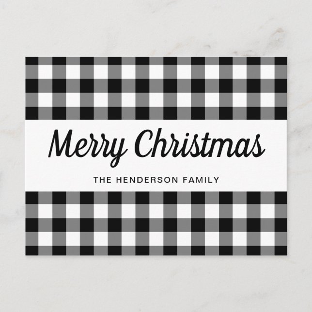 Rustic Black And White Plaid Merry Christmas Postcard (Front)