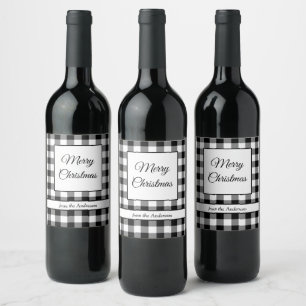 Rustic Black And White Plaid Merry Christmas Wine Label