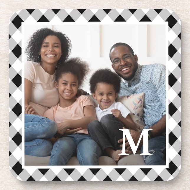 Rustic Black and White Plaid Monogram Photo Coaster (Front)