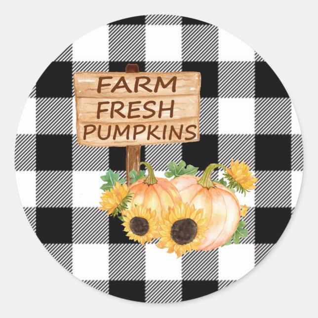 Rustic Black and White Plaid with Fall Pumpkins Classic Round Sticker (Front)