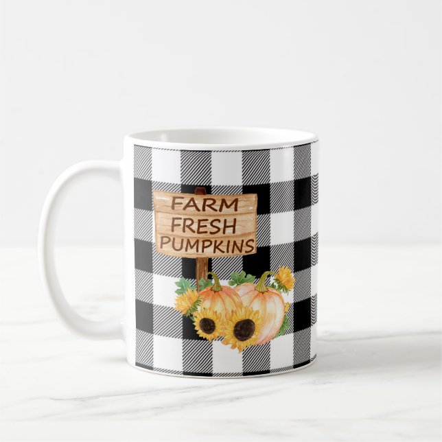 Rustic Black and White Plaid with Fall Pumpkins Coffee Mug (Left)