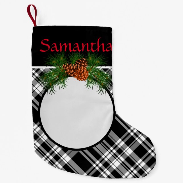 Rustic black and white plaid with pine cone small christmas stocking (Front)