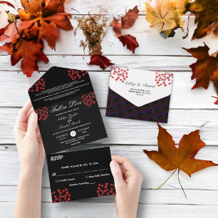 Rustic Black And White Red Leaves Fall Wedding All In One Invitation