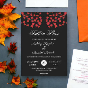Rustic Black And White Red Leaves Fall Wedding Invitation
