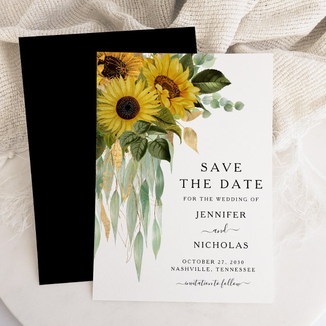 Rustic Black And White Sunflowers Floral Save The Date (Elegant Black And White Sunflower Save The Date)