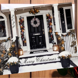 Rustic Black and White Watercolor Christmas Photo Card