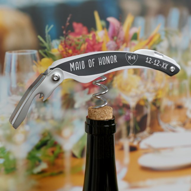 Rustic Black and White Wedding Party Corkscrew (Something useful for your Maid of Honor or any member of your bridal party. Add their name and date)