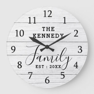 Rustic Black And White Wood Farmhouse Family Name Large Clock